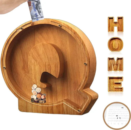 TreasureNest Muntbank | Gepersonaliseerde houten spaarpot in A-Z letterontwerpen
