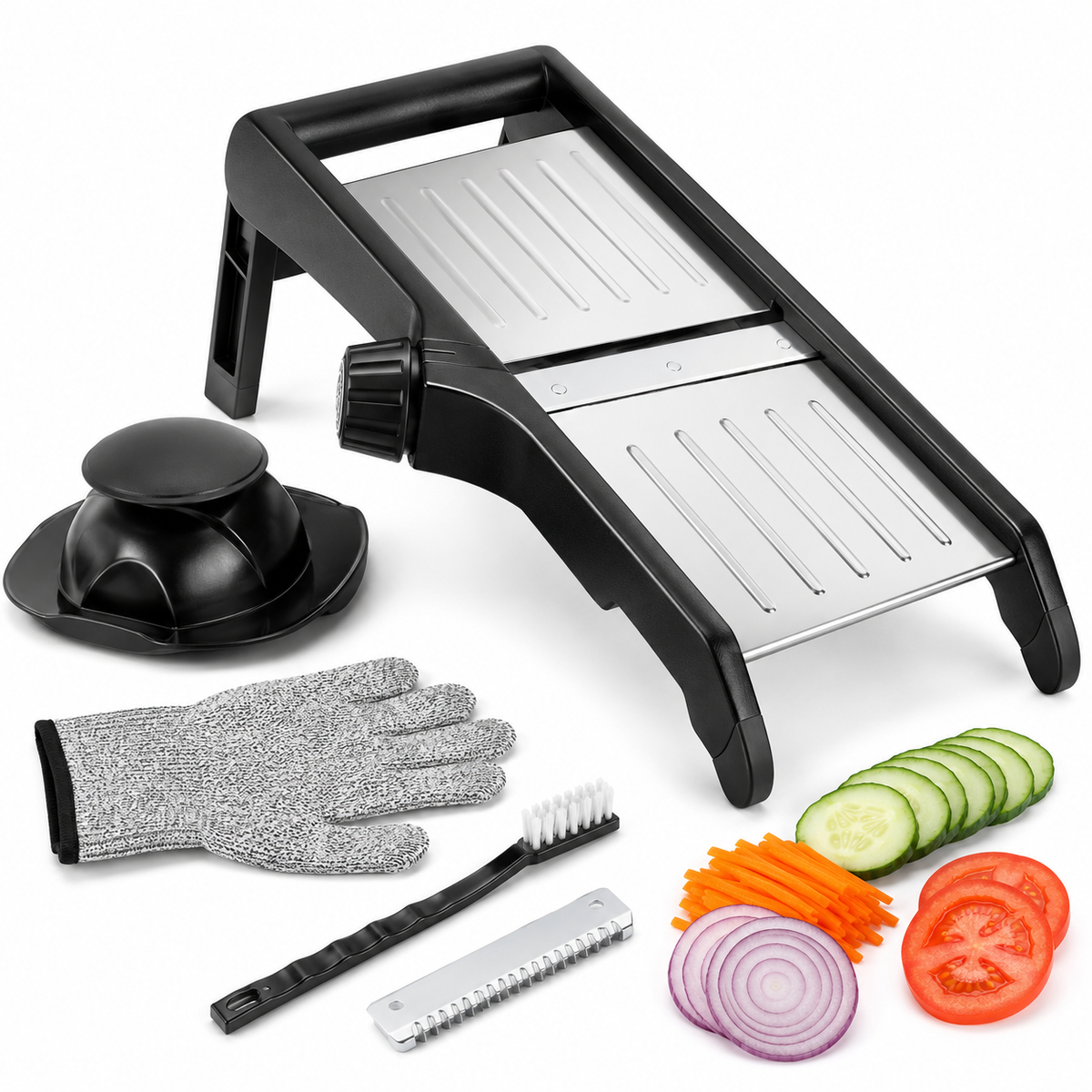 Premium verstelbare mandoline groentesnijder met roestvrijstalen snijvlak, handbeschermer, snijbestendige handschoen en accessoires op witte achtergrond