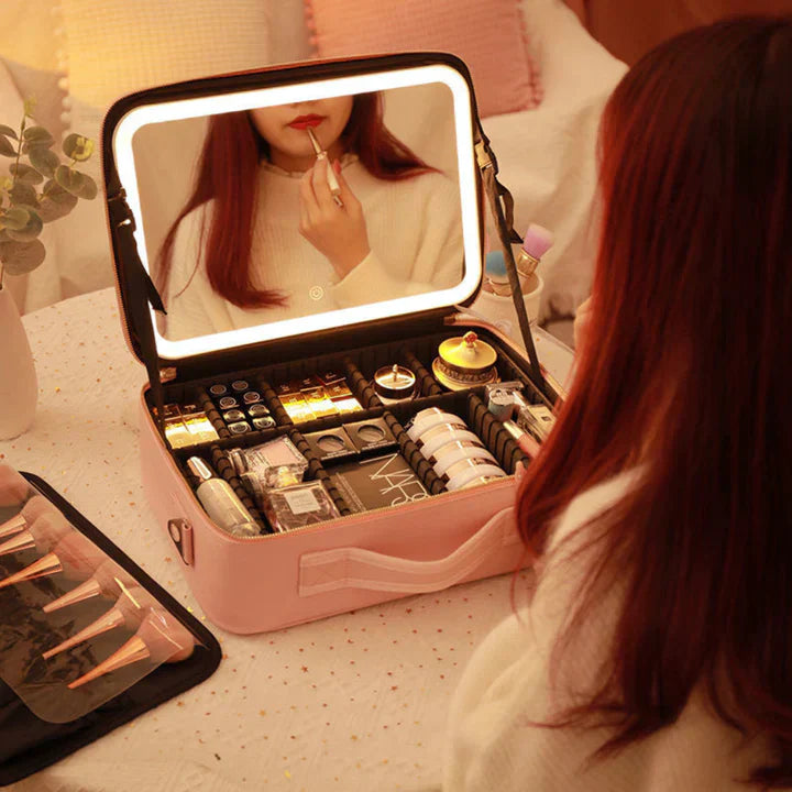 GlowLuxe LED beautycase | Draagbare beauty organizer met verstelbare LED spiegel voor vlekkeloze
