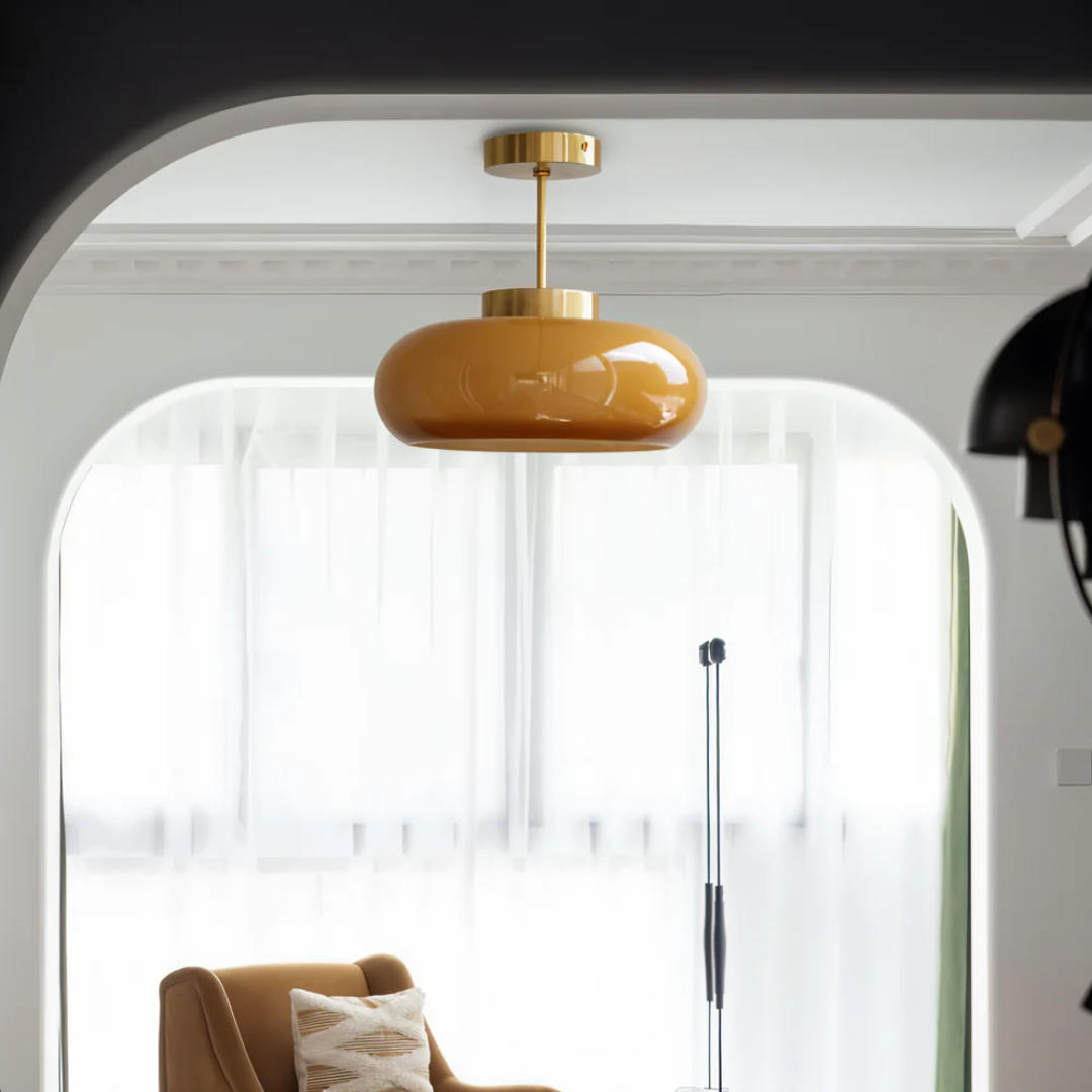 Glazen Plafondlamp met Ronde Kap en Metalen Stang