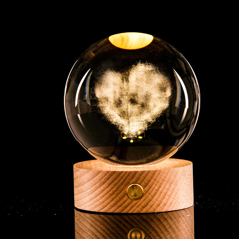 LED 3D Lamp in Kristal – Decoratieve Bol met Houten Basis