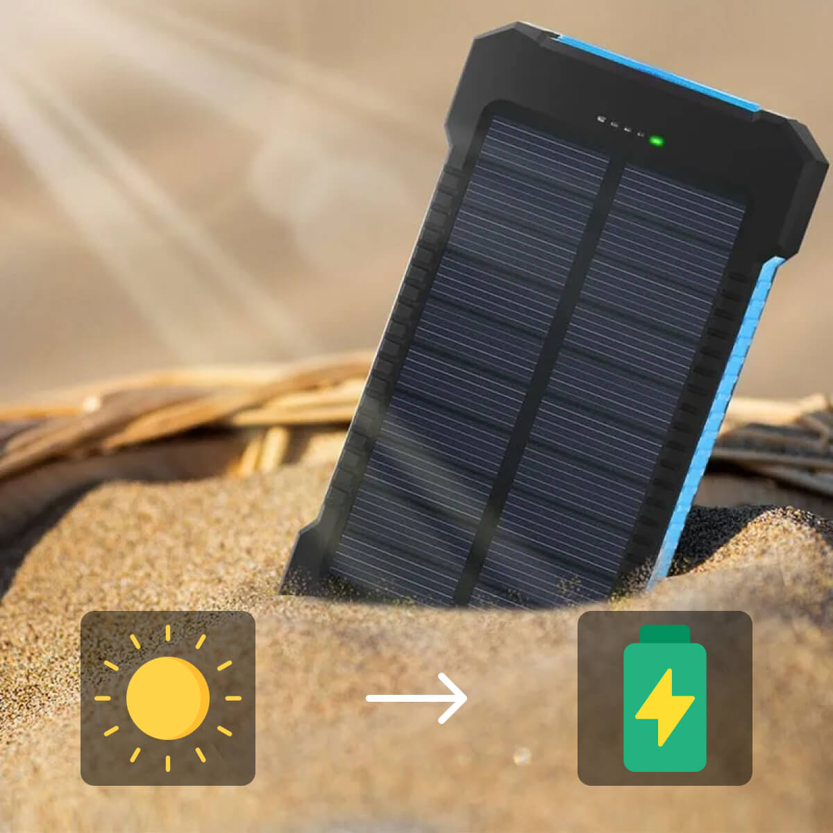 Waterdichte oplader met ultrahoge capaciteit | Gemaakt voor avontuur met opladen op zonne-energie, twee USB-uitgangen, LED-zaklamp en veiligheidsfuncties.
