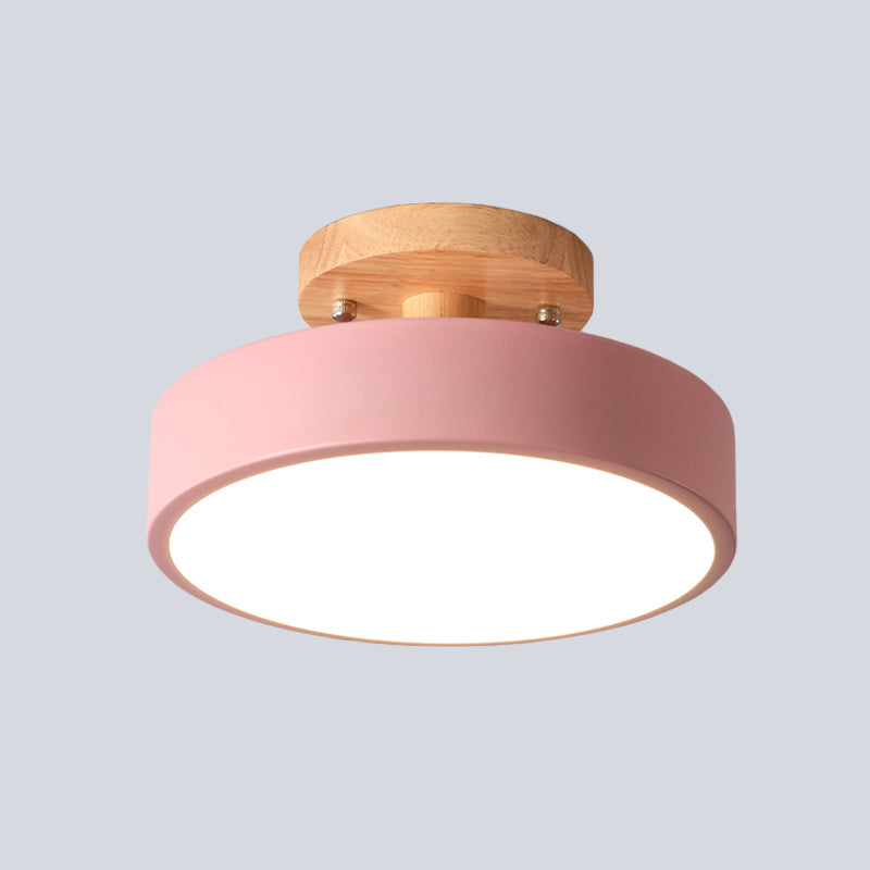 IJzeren Drum Flushmount Nordic Wit/Groen/Grijs Afwerking LED Semi Close to Ceiling Licht met Houten Plafond voor Gang