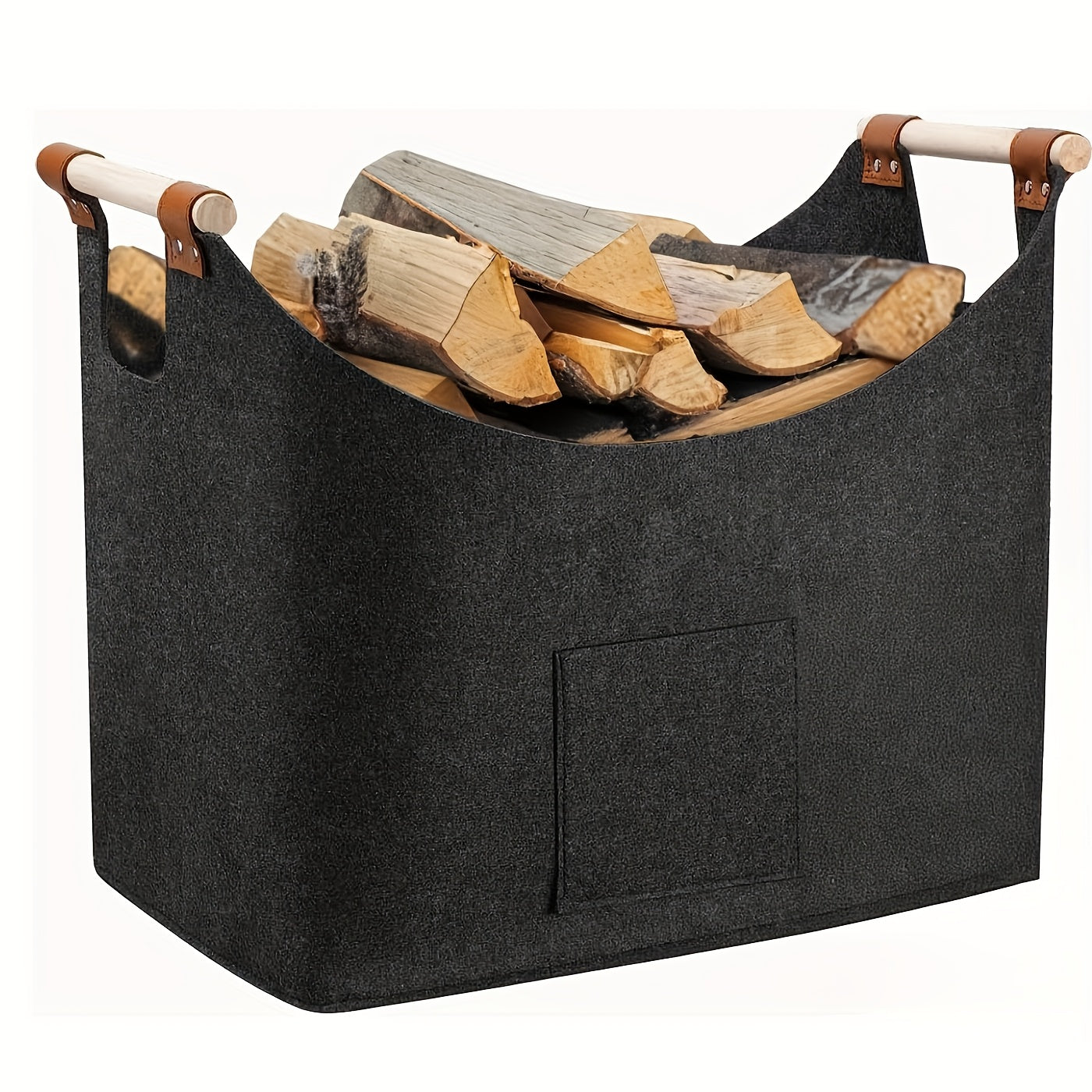 Filz-Kaminholzkorb FELDURA | Vouwbaar | 55L Volume | Met houten handvatten & leren details | Donkergrijs