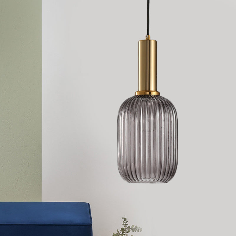 Zwarte/Gouden Cilinder/Ovaal/Capsule Hanglamp Modernistisch 1 Licht Grijs/Groen/Amber Geribbeld Glas Plafondlamp voor Keuken