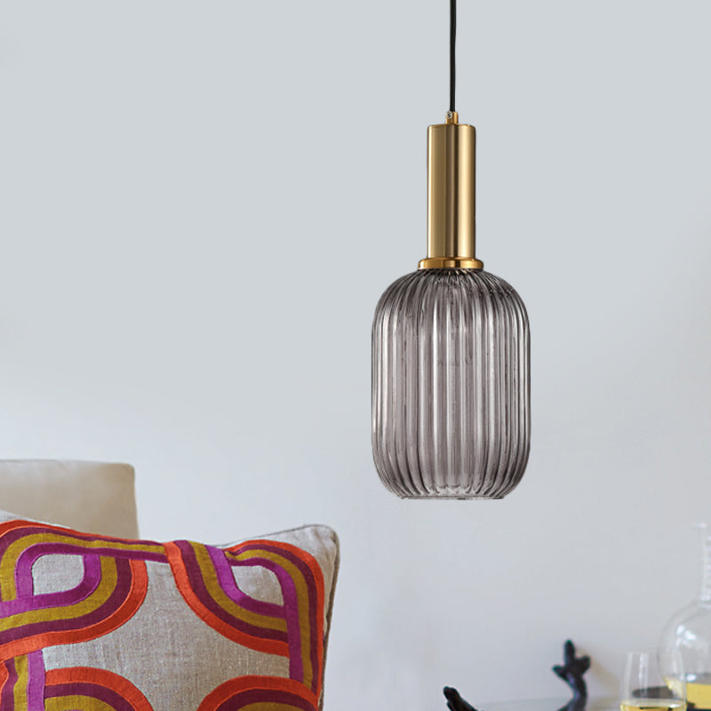 Zwarte/Gouden Cilinder/Ovaal/Capsule Hanglamp Modernistisch 1 Licht Grijs/Groen/Amber Geribbeld Glas Plafondlamp voor Keuken