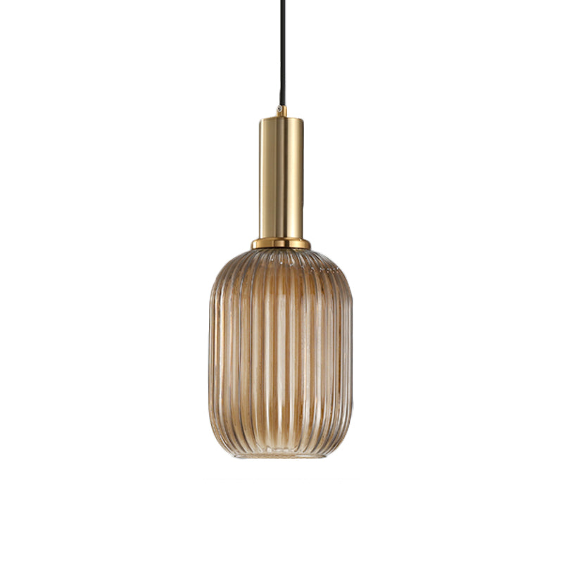 Zwarte/Gouden Cilinder/Ovaal/Capsule Hanglamp Modernistisch 1 Licht Grijs/Groen/Amber Geribbeld Glas Plafondlamp voor Keuken