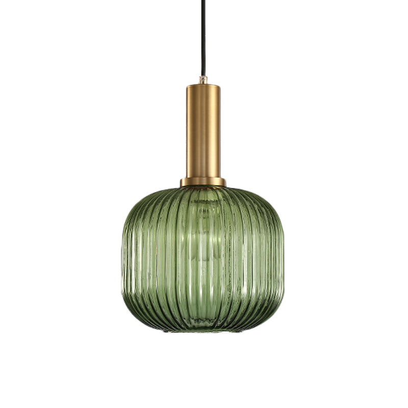 Zwarte/Gouden Cilinder/Ovaal/Capsule Hanglamp Modernistisch 1 Licht Grijs/Groen/Amber Geribbeld Glas Plafondlamp voor Keuken