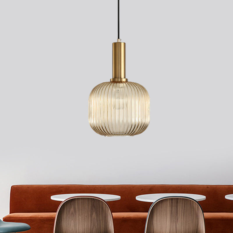 Zwarte/Gouden Cilinder/Ovaal/Capsule Hanglamp Modernistisch 1 Licht Grijs/Groen/Amber Geribbeld Glas Plafondlamp voor Keuken