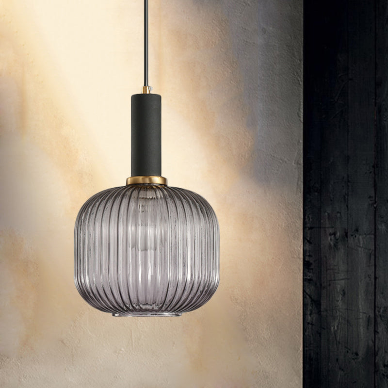 Zwarte/Gouden Cilinder/Ovaal/Capsule Hanglamp Modernistisch 1 Licht Grijs/Groen/Amber Geribbeld Glas Plafondlamp voor Keuken