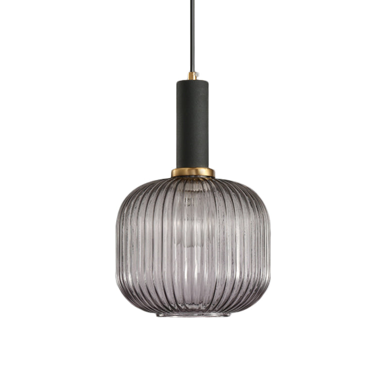 Zwarte/Gouden Cilinder/Ovaal/Capsule Hanglamp Modernistisch 1 Licht Grijs/Groen/Amber Geribbeld Glas Plafondlamp voor Keuken