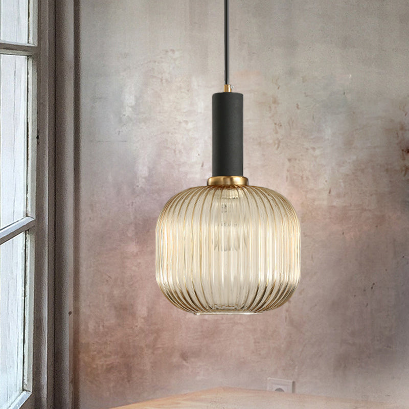 Zwarte/Gouden Cilinder/Ovaal/Capsule Hanglamp Modernistisch 1 Licht Grijs/Groen/Amber Geribbeld Glas Plafondlamp voor Keuken