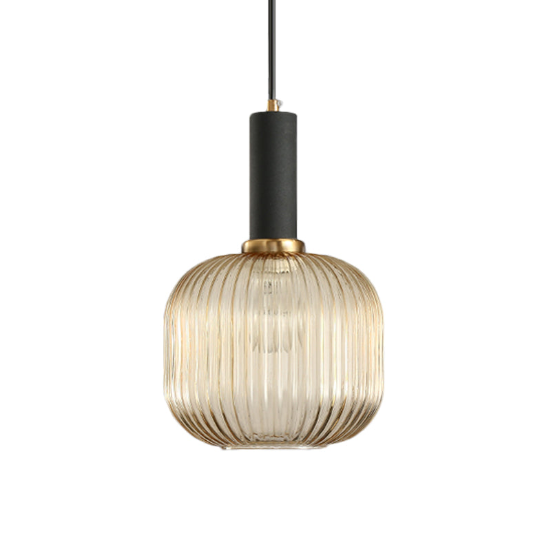 Zwarte/Gouden Cilinder/Ovaal/Capsule Hanglamp Modernistisch 1 Licht Grijs/Groen/Amber Geribbeld Glas Plafondlamp voor Keuken