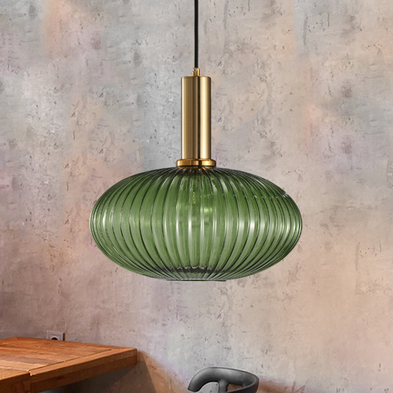 Zwarte/Gouden Cilinder/Ovaal/Capsule Hanglamp Modernistisch 1 Licht Grijs/Groen/Amber Geribbeld Glas Plafondlamp voor Keuken