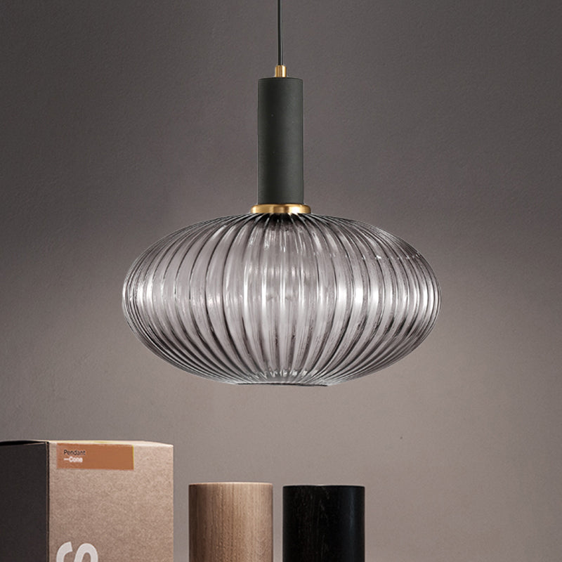 Zwarte/Gouden Cilinder/Ovaal/Capsule Hanglamp Modernistisch 1 Licht Grijs/Groen/Amber Geribbeld Glas Plafondlamp voor Keuken