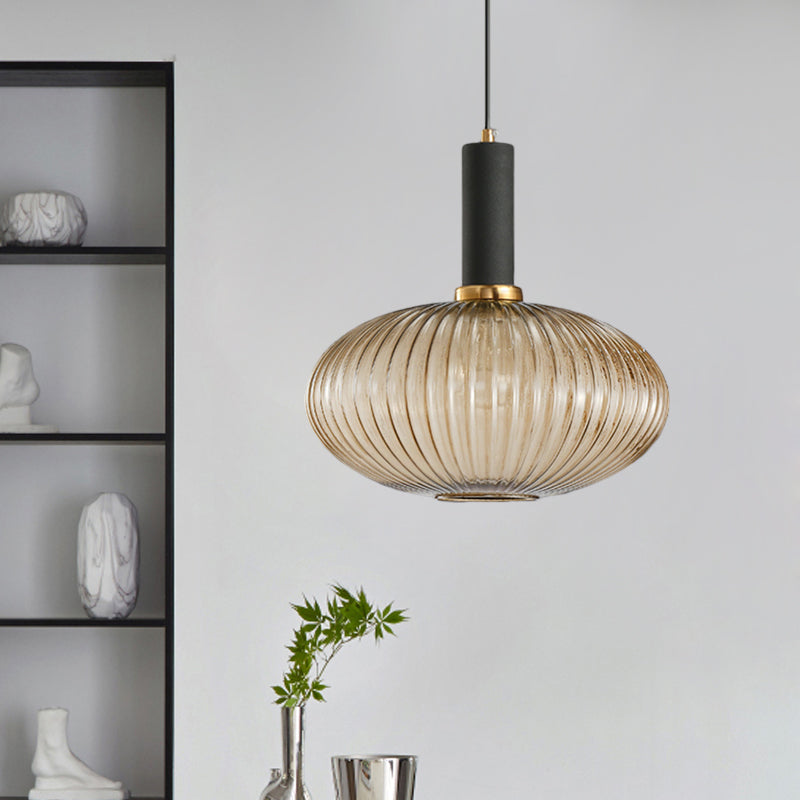 Zwarte/Gouden Cilinder/Ovaal/Capsule Hanglamp Modernistisch 1 Licht Grijs/Groen/Amber Geribbeld Glas Plafondlamp voor Keuken