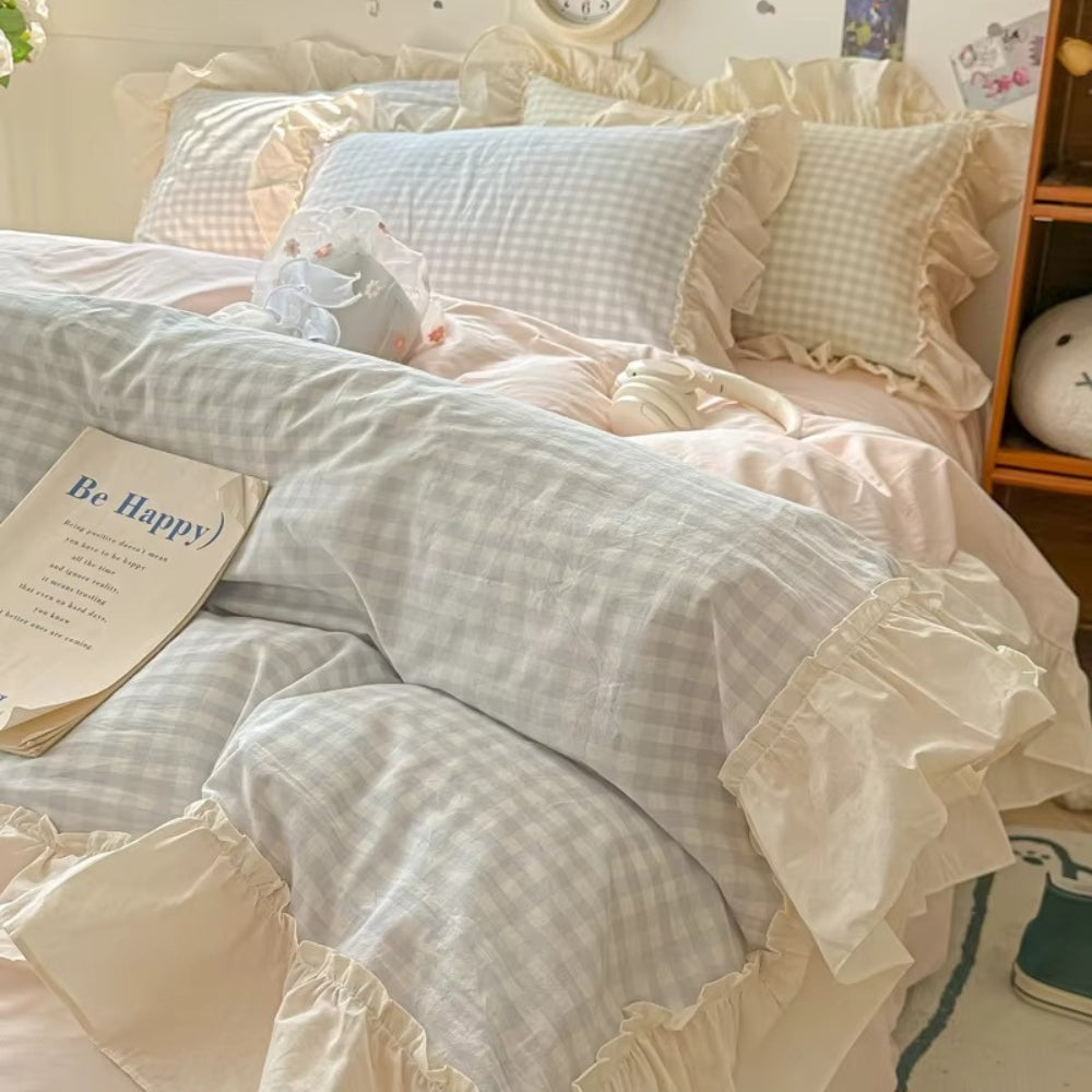 Gingham Ruit Rimpelrand Beddengoed Set
