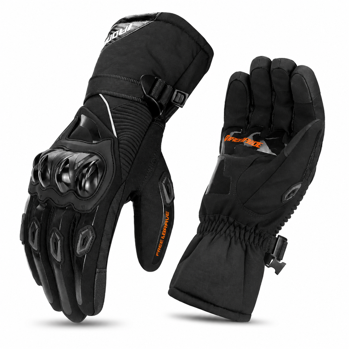 ThermoGrip zwarte waterdichte winter-motorhandschoenen met isolerende voering, knokkelbescherming en verstelbare polsband op witte achtergrond