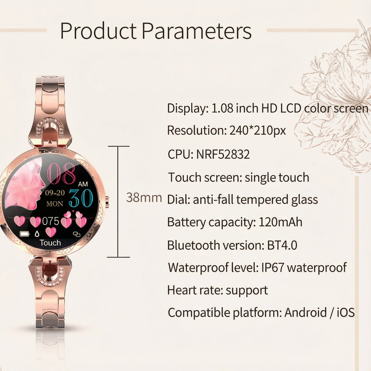 AquaFit Dames Smartwatch waterdicht – Touchscreen, Activiteitsfuncties & IP67