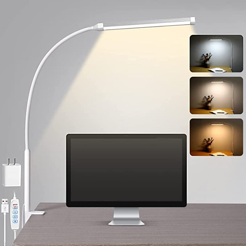 LED Bureau Lamp - Oogvriendelijke Bureau Lamp met Klem, Flexibele Scharnierarm, 3 Modi, 10 Helderheidsniveaus, USB-Adapter