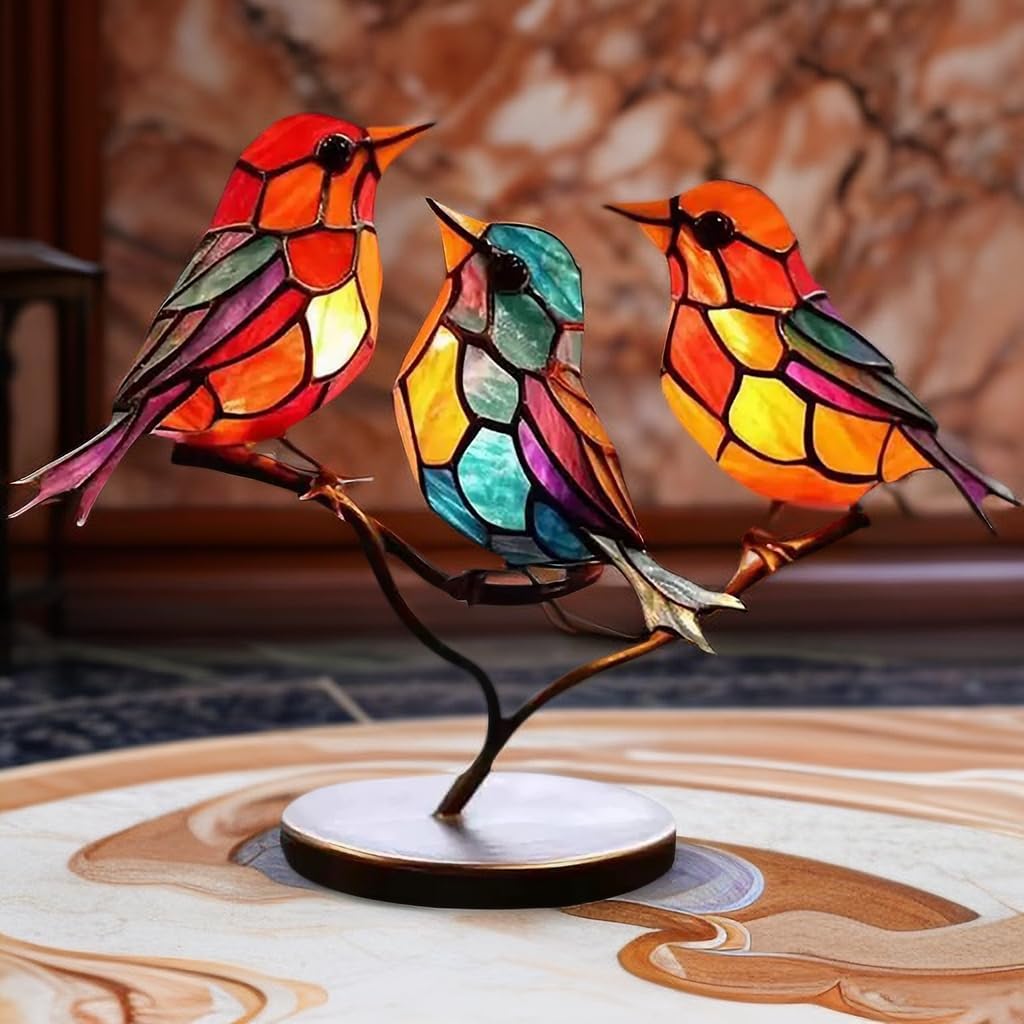 Moderne vogel tafel sculptuur met gekleurd glas en decoratief kunstontwerp