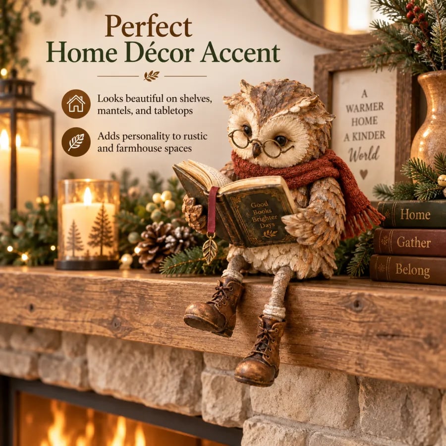 Decoratieve uilfiguur met bril, boek en sjaal. Gezellig cadeau voor boekenliefhebbers
