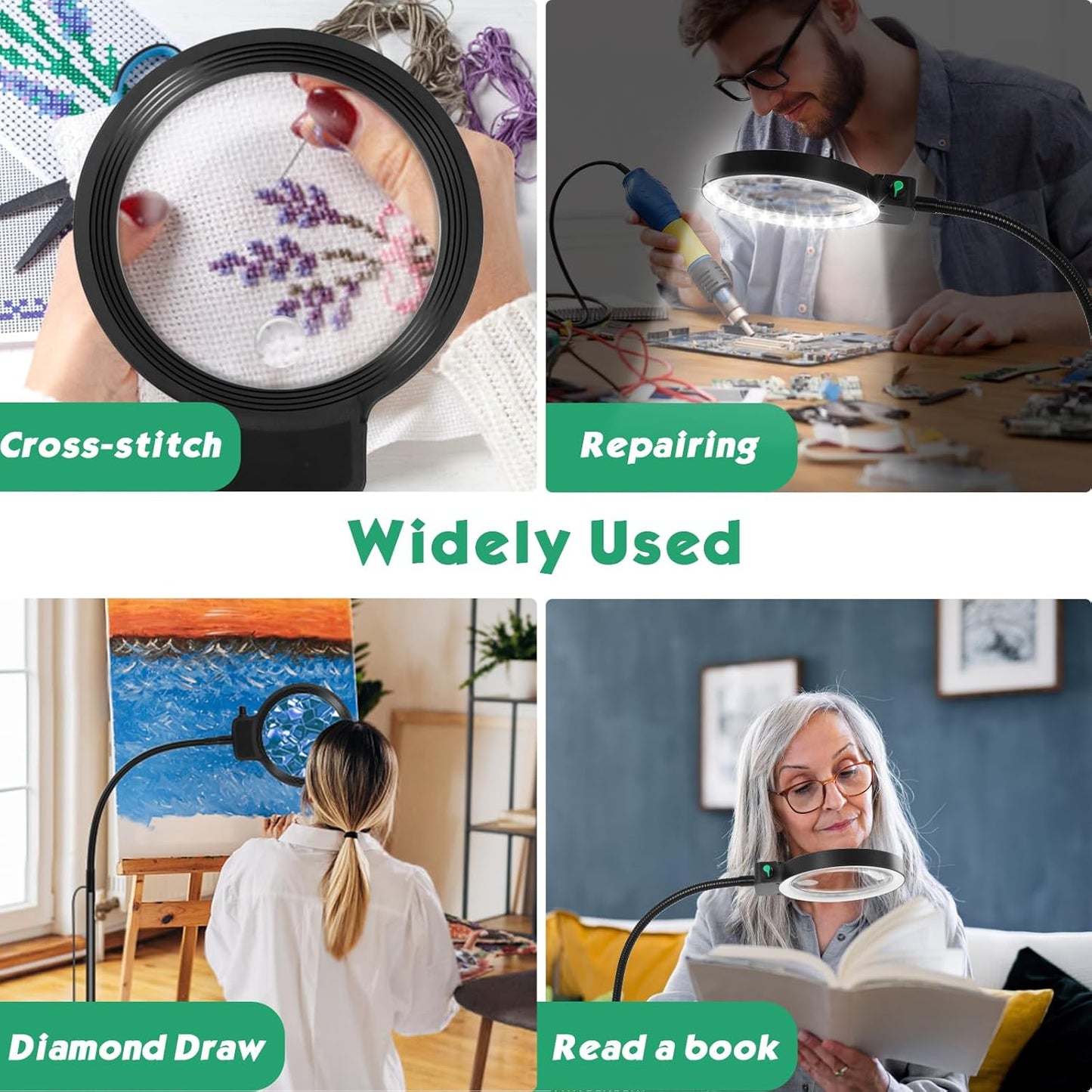 Volledige zijkanten vergrootglas met LED-licht – Handsfree leeshulp voor boeken, handwerk en hobby's