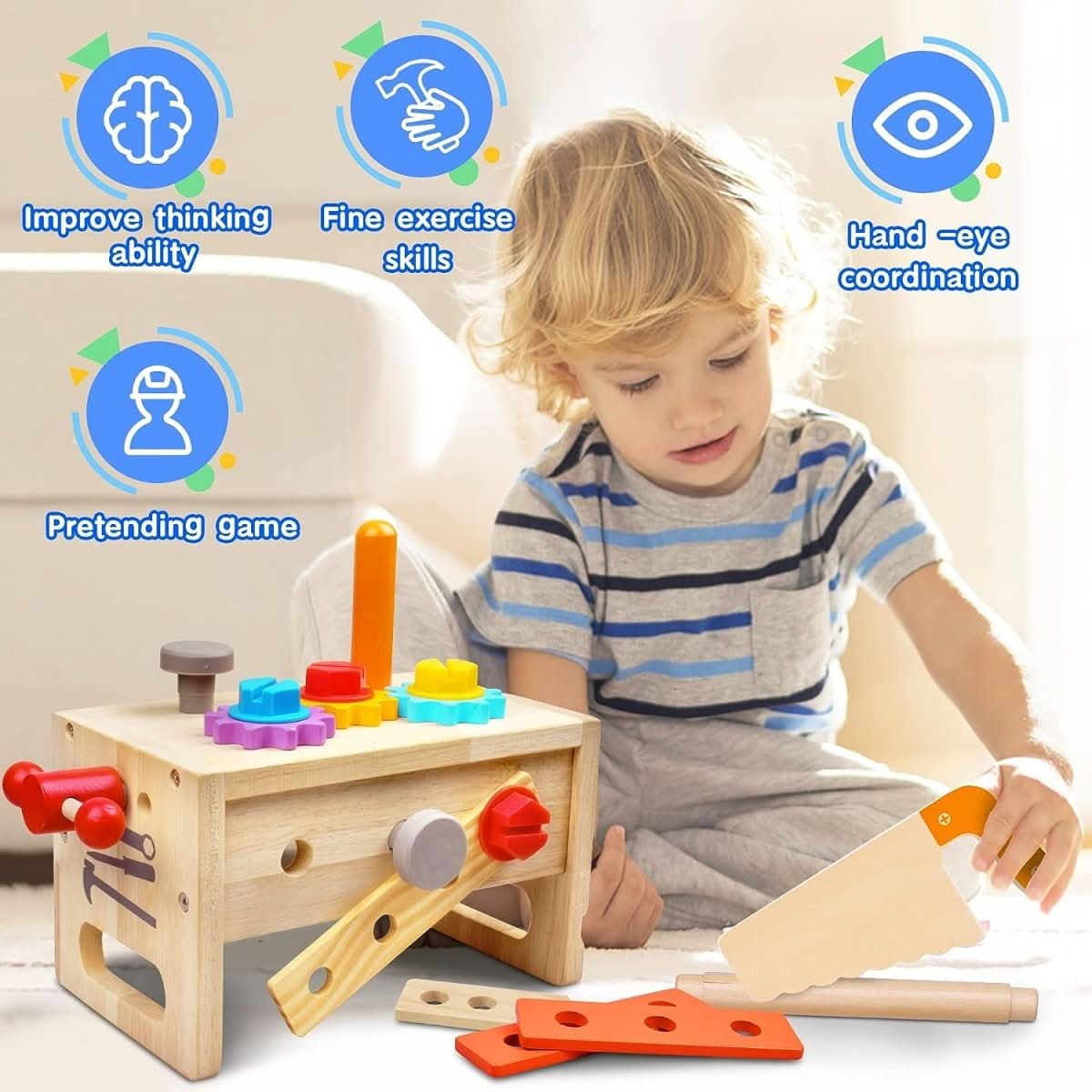 Houten Handwerk Kinder Gereedschapskist – Houten Gereedschapskist Creatief Spel Motoriek Vanaf 6 Maanden