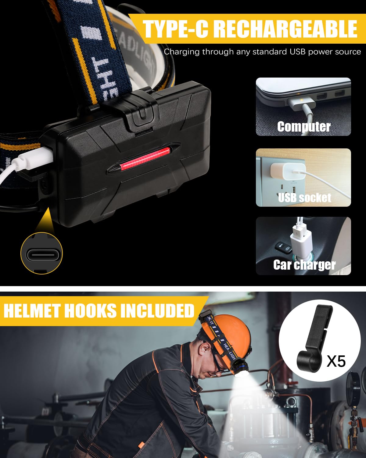Ochter 18000 Lumen Oplaadbare Hoofdlamp, 8 Modussen, Waterdicht, USB, Rode & Witte Lichten