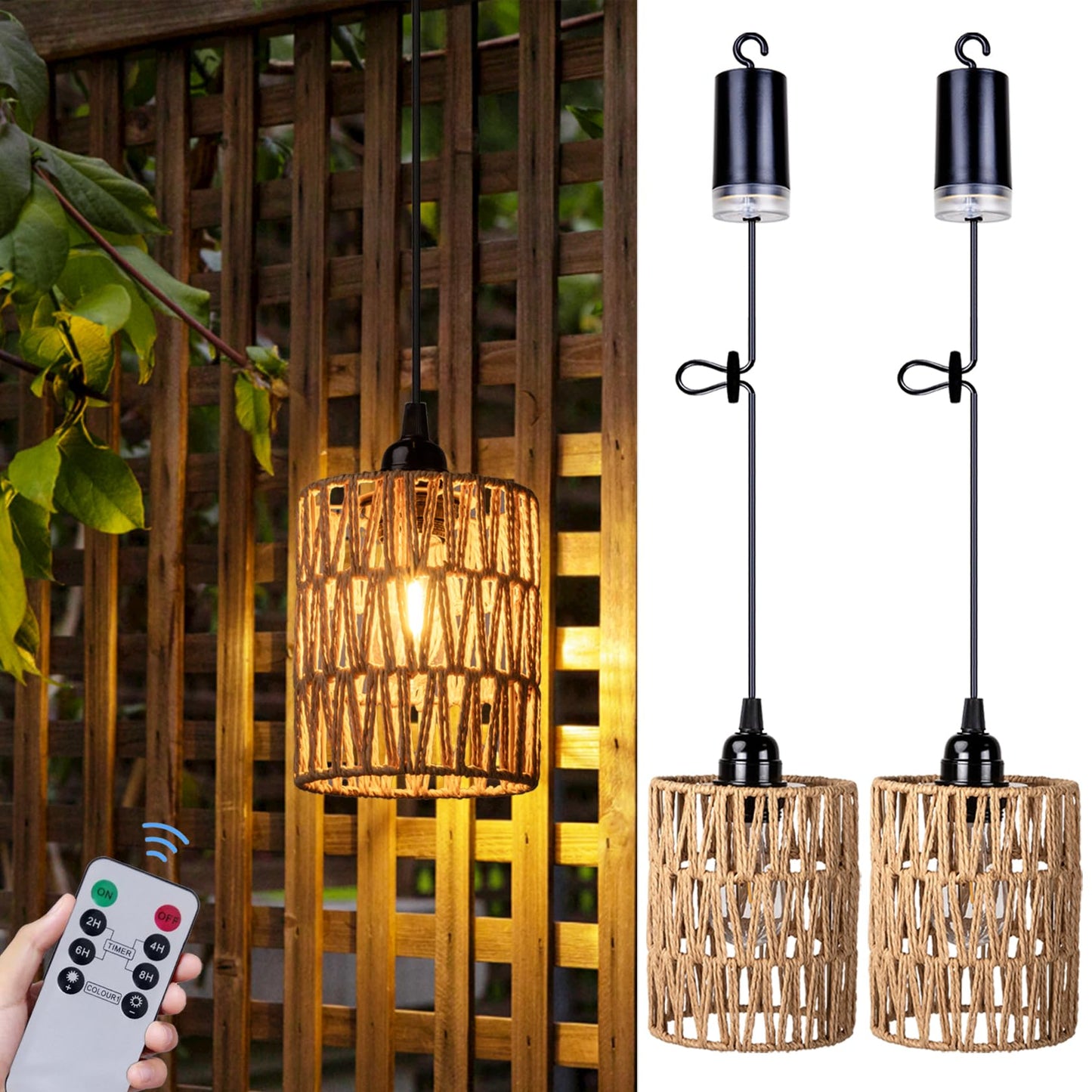 Skanto | Alle Fortune Batterij aangedreven Kandelaar, Batterij Hangende Pendellamp, Rietenlamp met Warm Witte Gloeilamp, 4*AA Batterij Aangedreven, Voor Gazebo Pergola Veranda Patio Buiten Binnen Decoratie