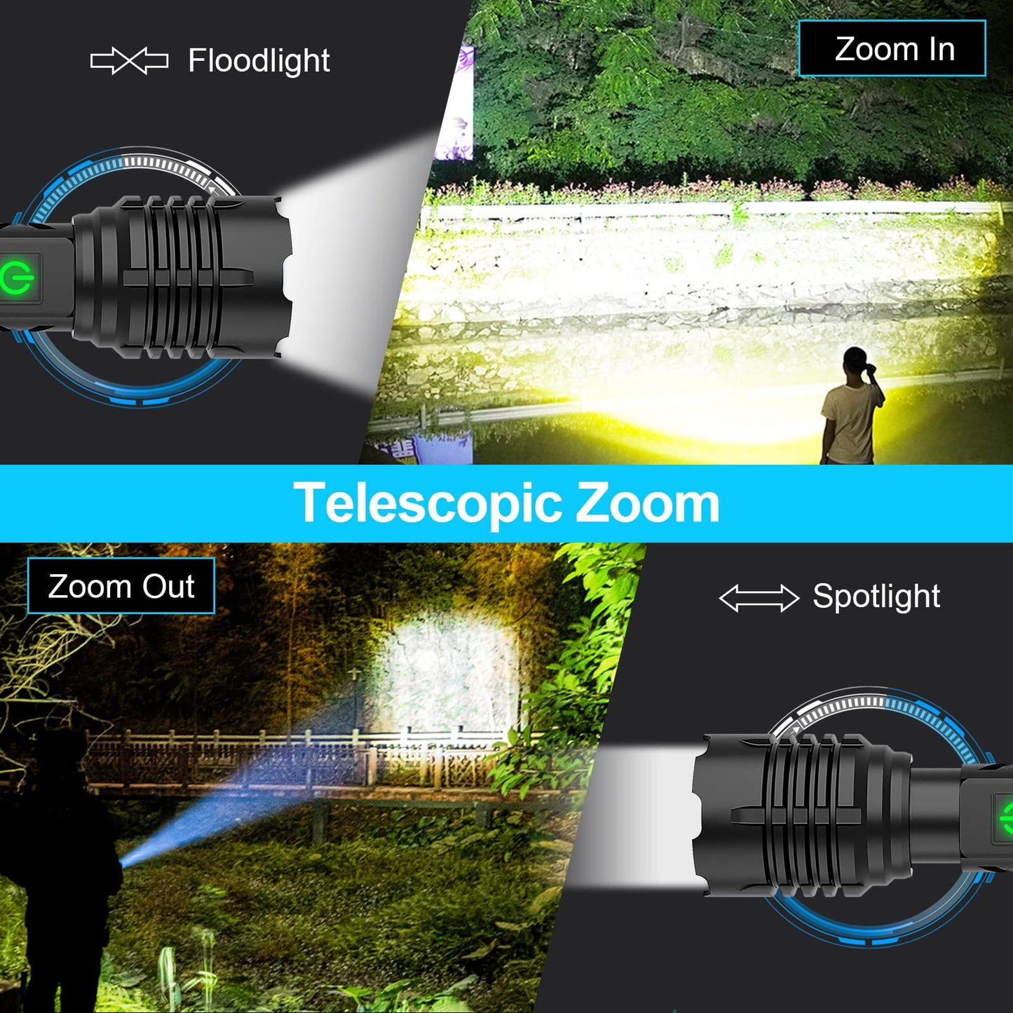 Skanto | Banral 100000 lumen oplaadbare zaklamp, IPX6 waterdicht, 5 modi, zoomfunctie, aluminium