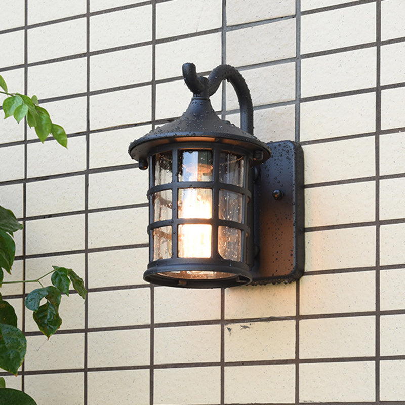 Gezaaide Glazen Lantaarn Wandlamp Platteland Enkel Licht Buiten Wandlamp in Brons/Zwart
