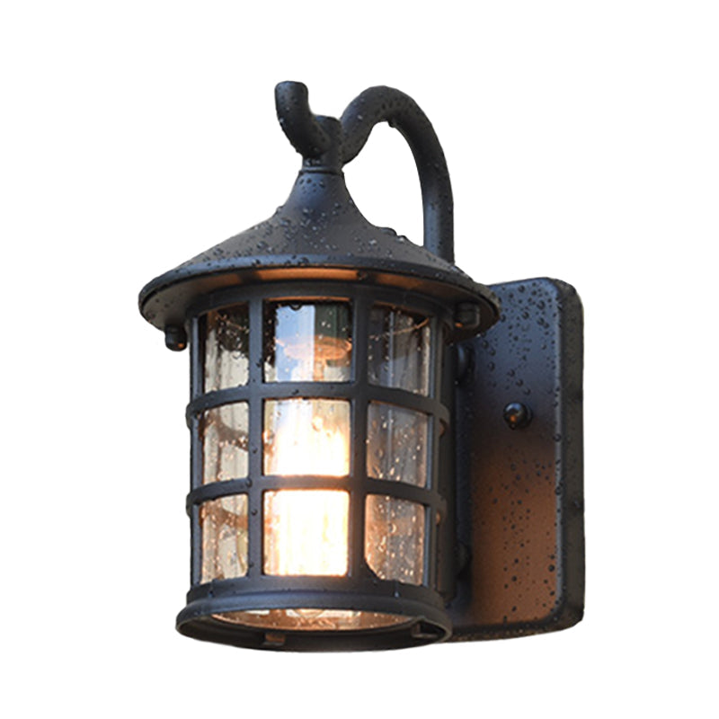 Gezaaide Glazen Lantaarn Wandlamp Platteland Enkel Licht Buiten Wandlamp in Brons/Zwart