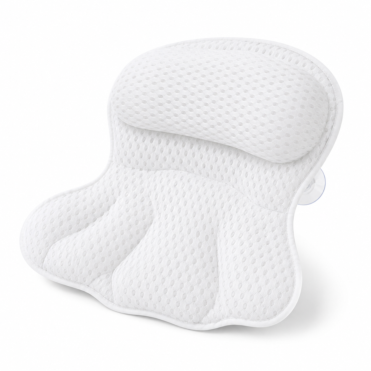 LuxeRest wit ergonomisch badkussen van ademend mesh met nek- en rugsteun en zuignappen op witte achtergrond