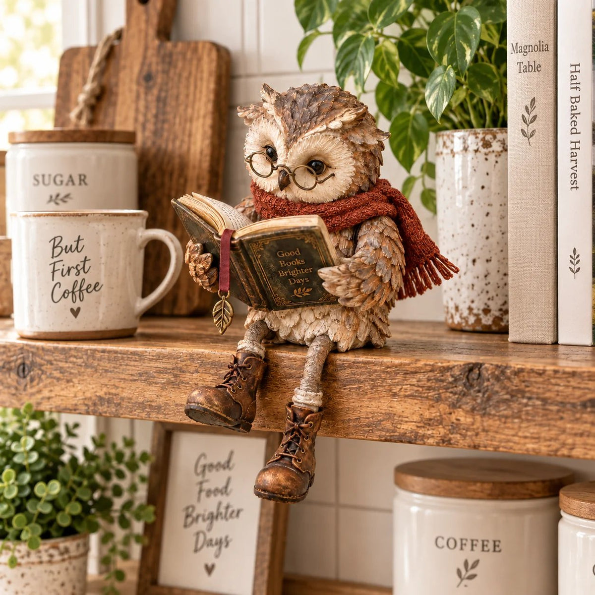 Decoratieve uilfiguur met bril, boek en sjaal. Gezellig cadeau voor boekenliefhebbers