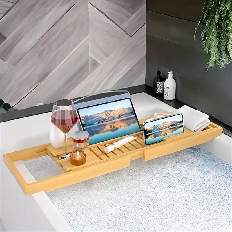 Meralune Bamboe Haven Tablett | Uittrekbaar Badkuip Tablett | Duurzaam & Elegant | Met Glas-, Boek- & Tablet-Houder