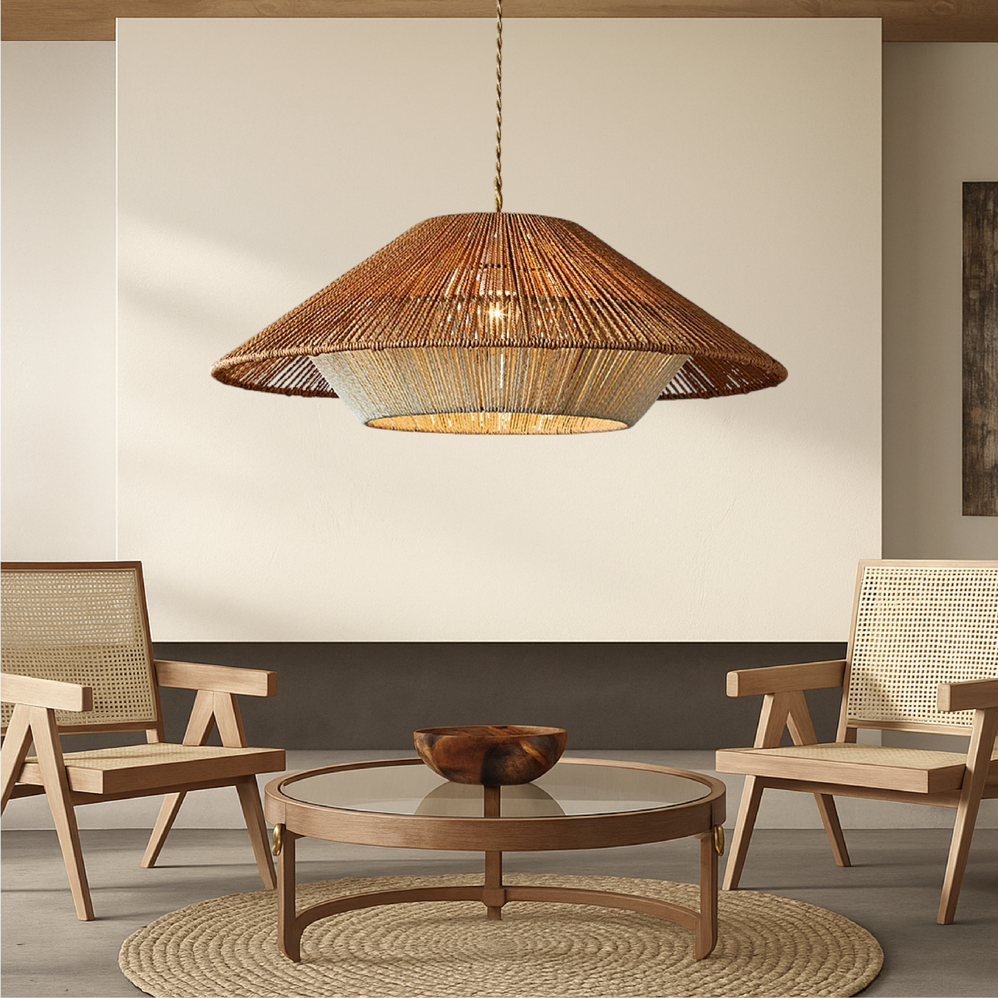 Bamboe geweven hanglamp met brede conische kap