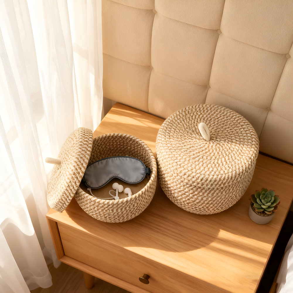 Mirellia – Ronde Boho Opbergmand Met Deksel