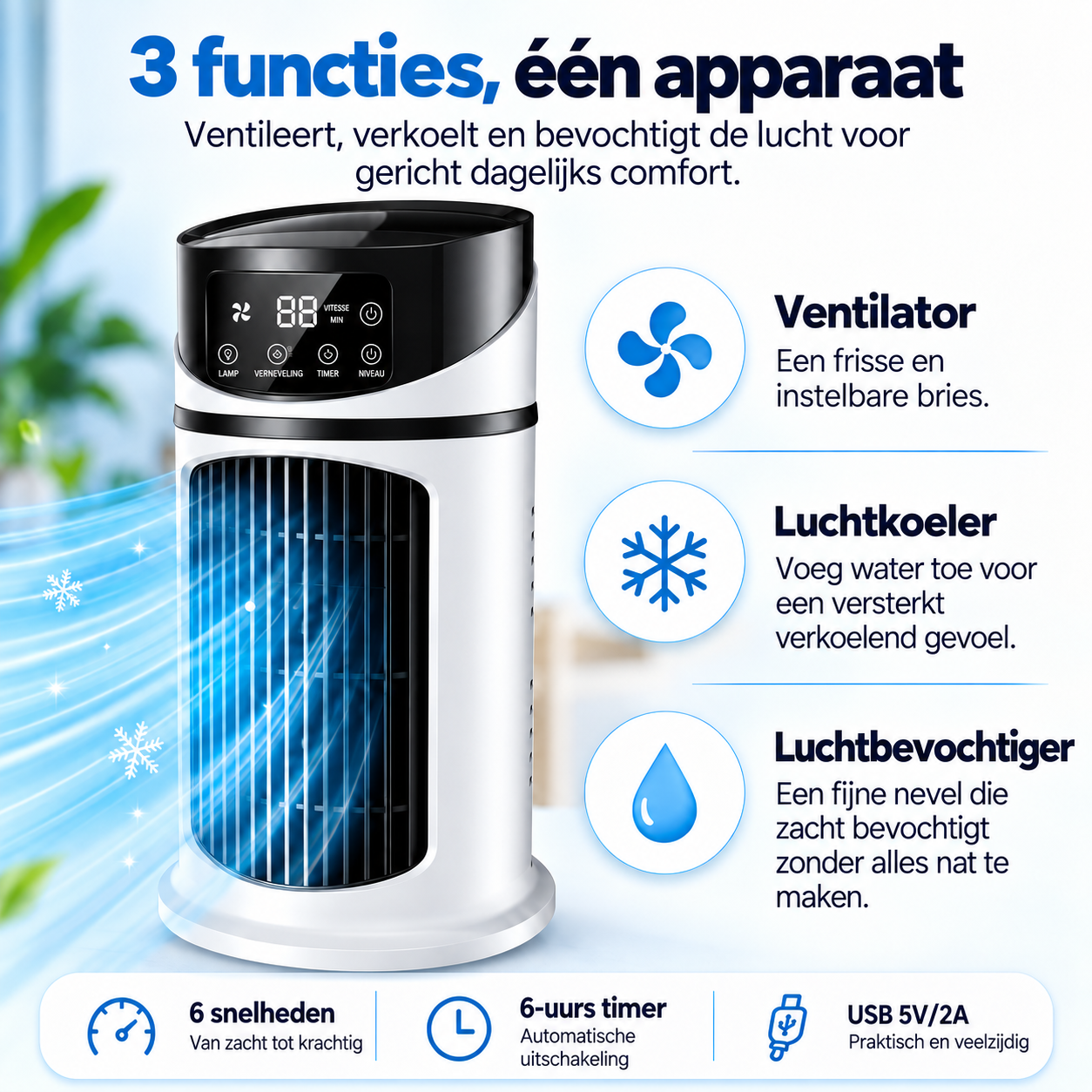 Burea ventilator met verdampingskoelsysteem – USB, 6 snelheden