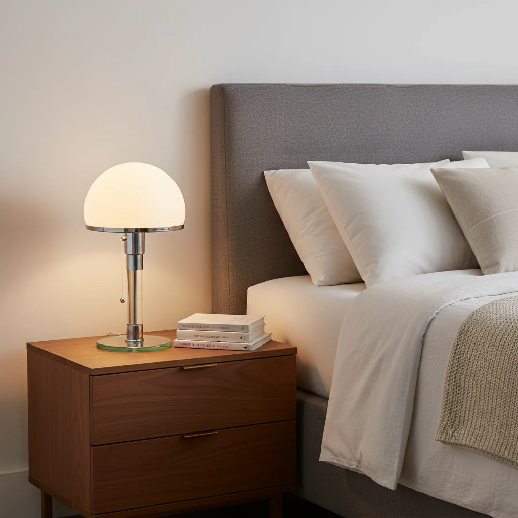 Design tafellamp met glazen kap
