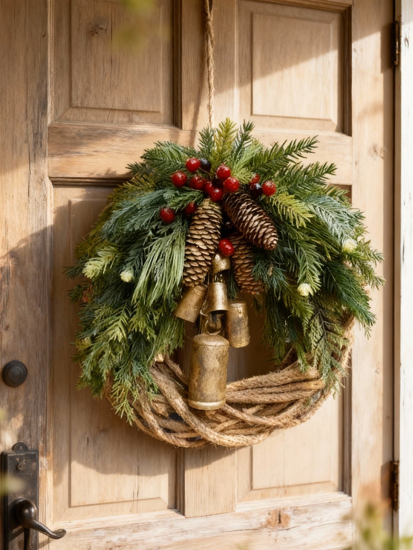 Handgemaakte Boheemse Winterkrans | Klokken, Dennenappels & Bessen | 43 cm | Binnen/Buiten