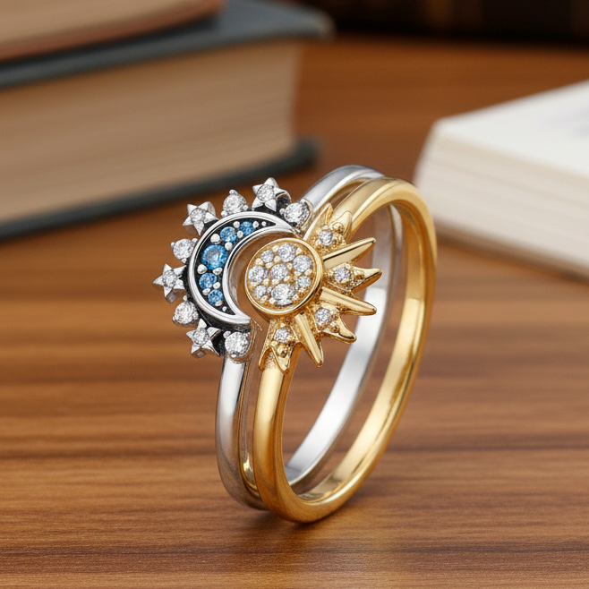 Sprankelende Zilveren Kristallen Ring – Elegante 925 Sterling Zilveren Ring met Maan- & Zonnendesign