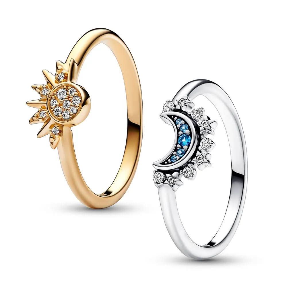 Sprankelende Zilveren Kristallen Ring – Elegante 925 Sterling Zilveren Ring met Maan- & Zonnendesign