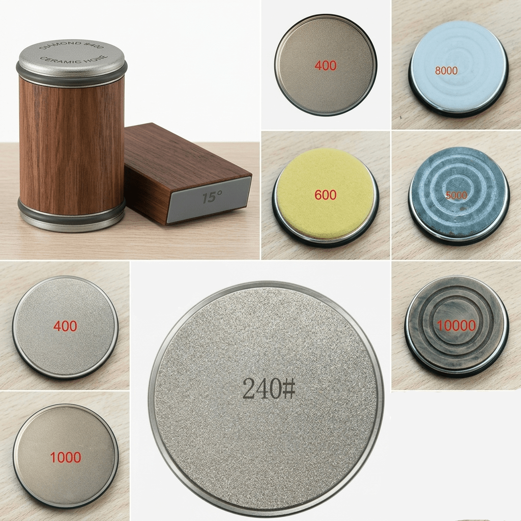 DIASHARP – Rollende Messcherfset met Diamantslijper en Houten Platform