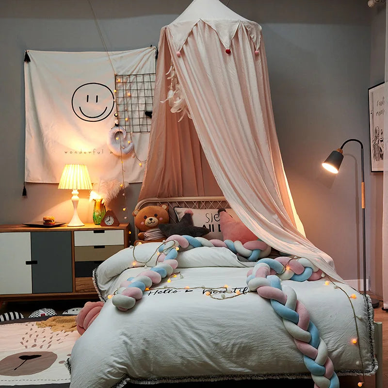LumaNest Kinderbedtent Met Kwastjes In Wit Roze Grijs