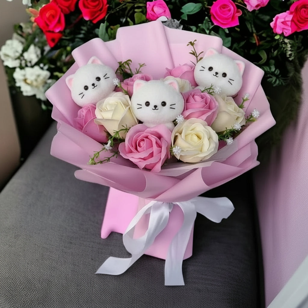Kleurvolle Synthetische Bloemenboeket met Schattige Kattenfiguren voor Cadeaus en Decoratie