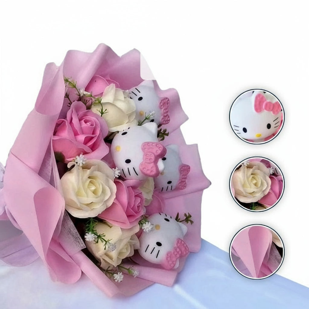 Kleurvolle Synthetische Bloemenboeket met Hello Kitty Figurines voor Cadeaus en Decoratie