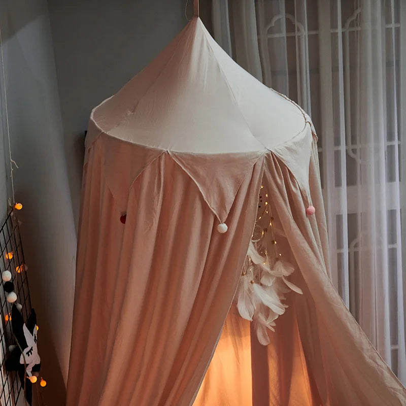 LumaNest Kinderbedtent Met Kwastjes In Wit Roze Grijs