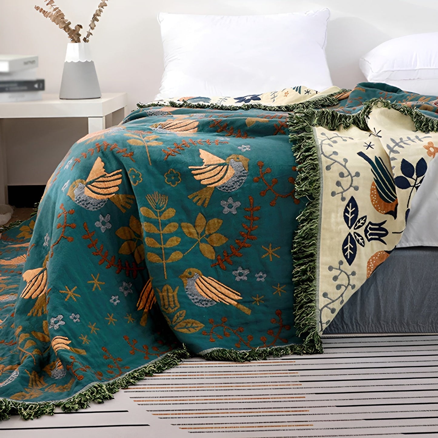 Boho Deken - Omkeerbare geborduurde katoenen deken met vogels en bloemen