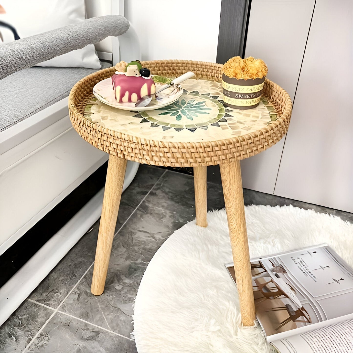 Scandi Salontafel - Handgemaakte Rieten Salontafel rond - Salontafel Hout